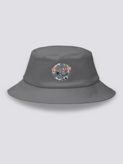 Grey bucket hat with an embroidered overhead medallion of koi carp circling a whirlpool around a white lotus