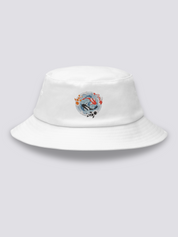 White bucket hat with an embroidered overhead medallion of koi carp circling a whirlpool around a white lotus