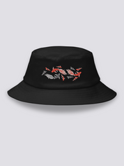 Black bucket hat with an embroidered school of koi carp in red, silver and black swimming in free formation