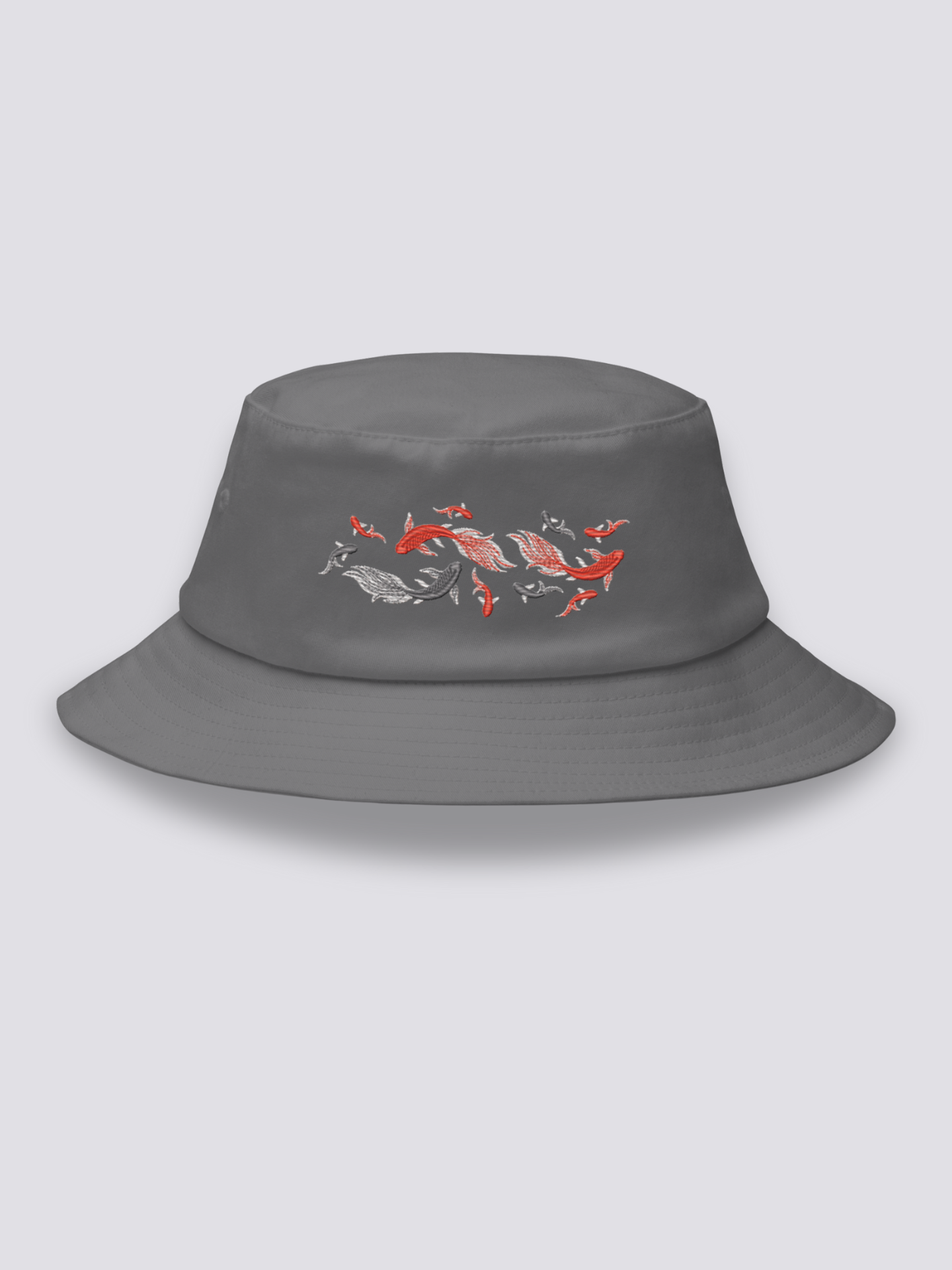 Grey bucket hat with an embroidered school of koi carp in red, silver and black swimming in free formation