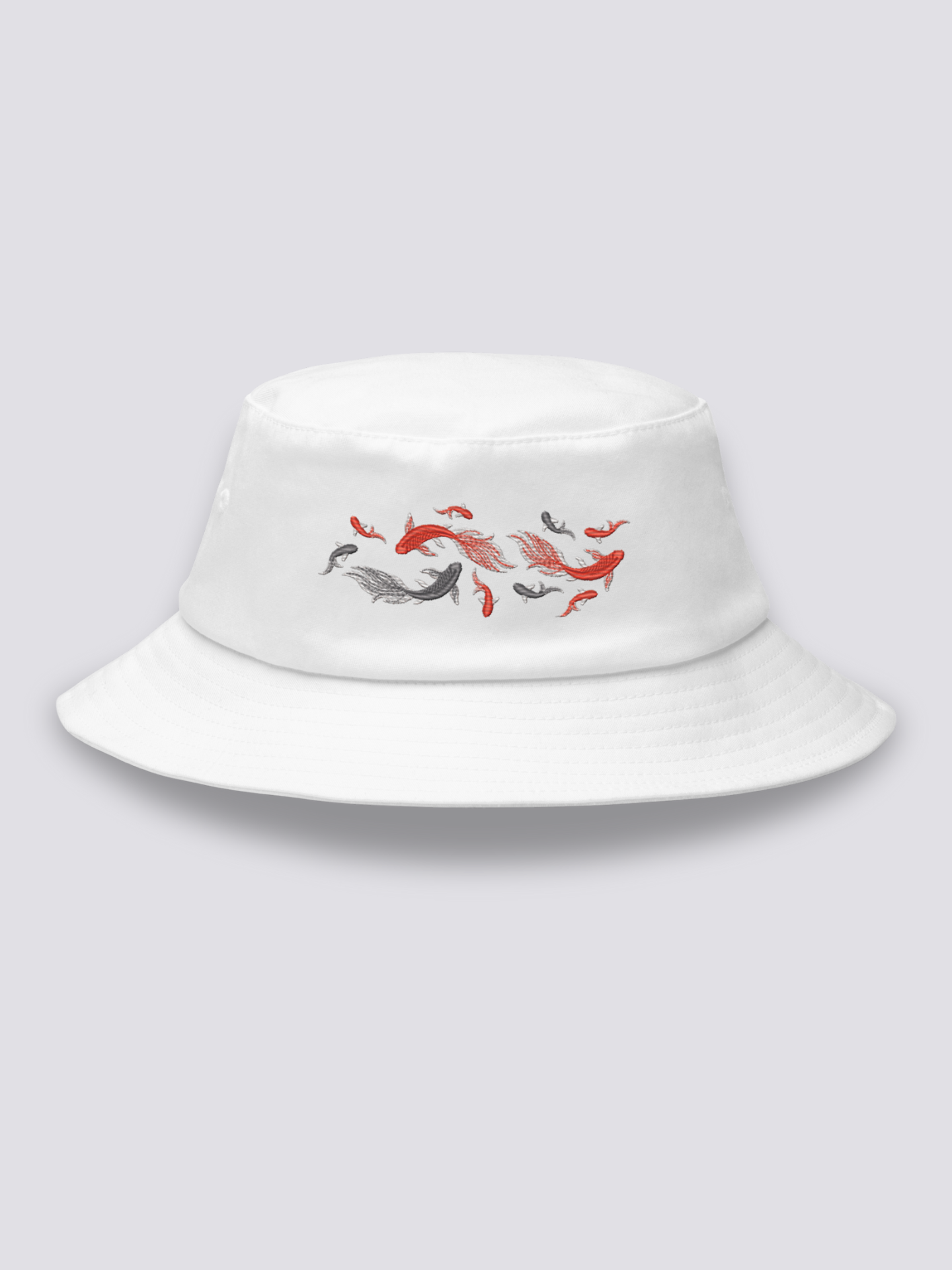 Khaki bucket hat with an embroidered school of koi carp in red, silver and black swimming in free formation