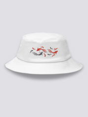 Khaki bucket hat with an embroidered school of koi carp in red, silver and black swimming in free formation