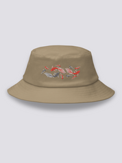 White bucket hat with an embroidered school of koi carp in red, silver and black swimming in free formation