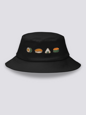 Black bucket hat with embroidered maki roll, salmon nigiri, onigiri rice ball and ikura gunkan sushi