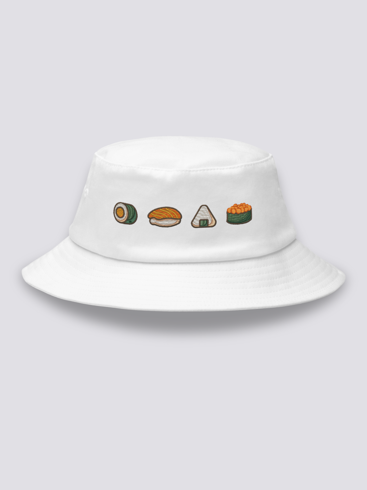 Khaki bucket hat with embroidered maki roll, salmon nigiri, onigiri rice ball and ikura gunkan sushi
