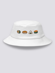 Khaki bucket hat with embroidered maki roll, salmon nigiri, onigiri rice ball and ikura gunkan sushi