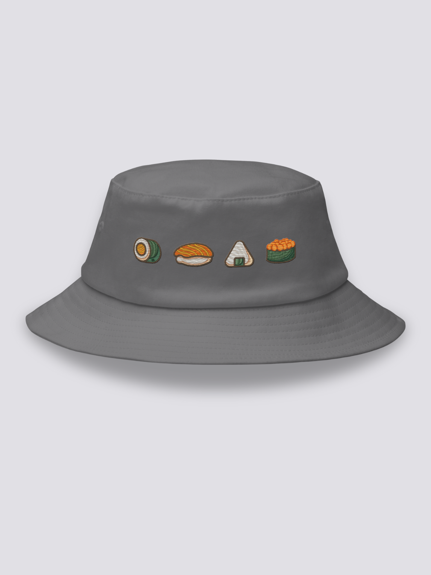 White bucket hat with embroidered maki roll, salmon nigiri, onigiri rice ball and ikura gunkan sushi