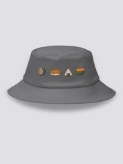 White bucket hat with embroidered maki roll, salmon nigiri, onigiri rice ball and ikura gunkan sushi