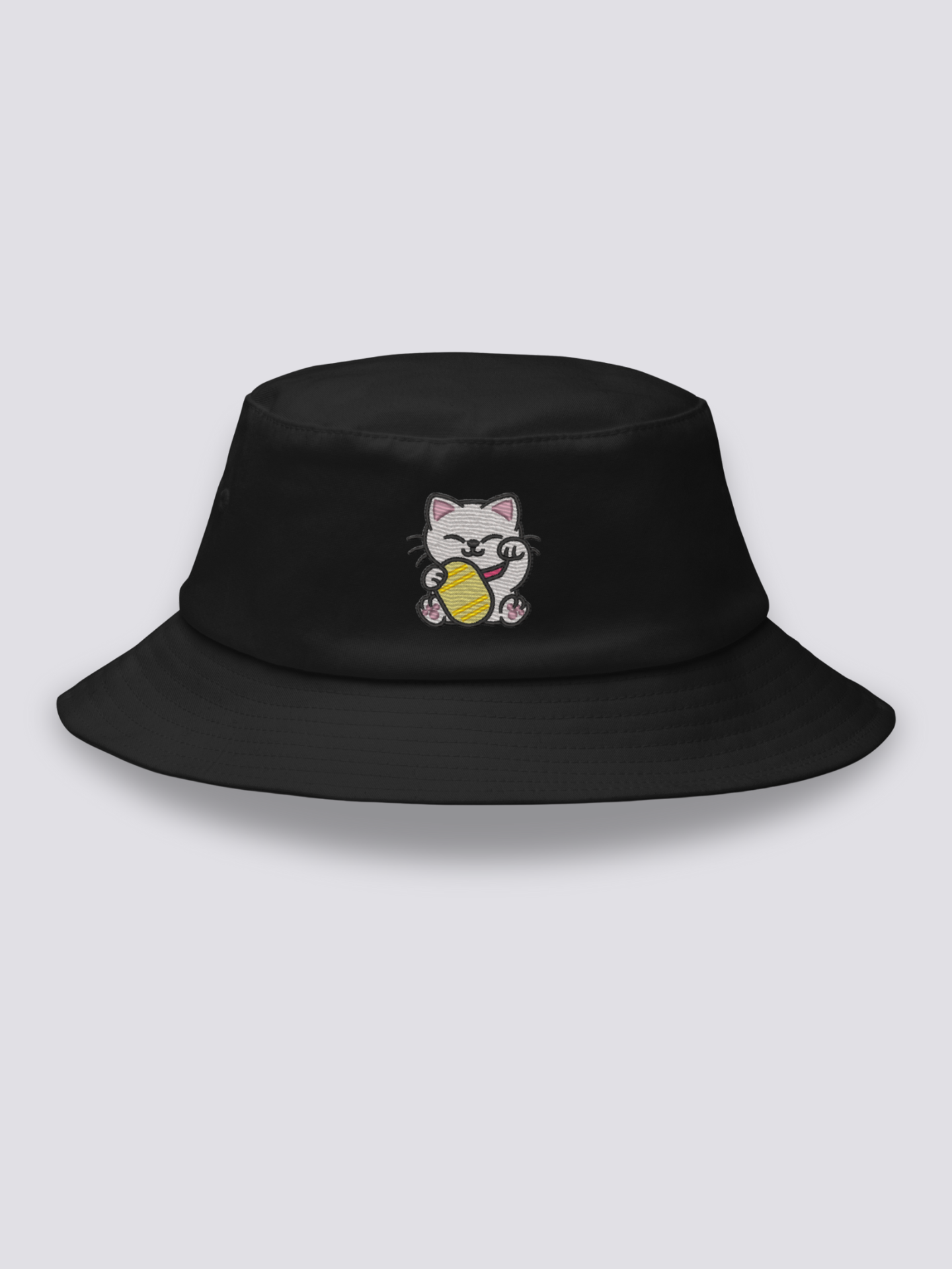 Black bucket hat with an embroidered smiling maneki neko beckoning cat holding a gold koban coin