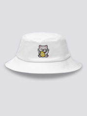Khaki bucket hat with an embroidered smiling maneki neko beckoning cat holding a gold koban coin