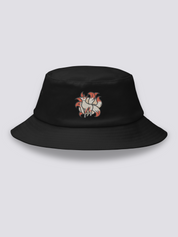 Black bucket hat with an embroidered cream nine-tailed kitsune fox with red eyes and tails fanned in orange and white