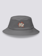 Grey bucket hat with an embroidered cream nine-tailed kitsune fox with red eyes and tails fanned in orange and white