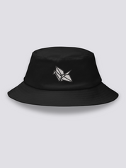 Black bucket hat with a geometric white origami crane embroidered in fine black fold lines