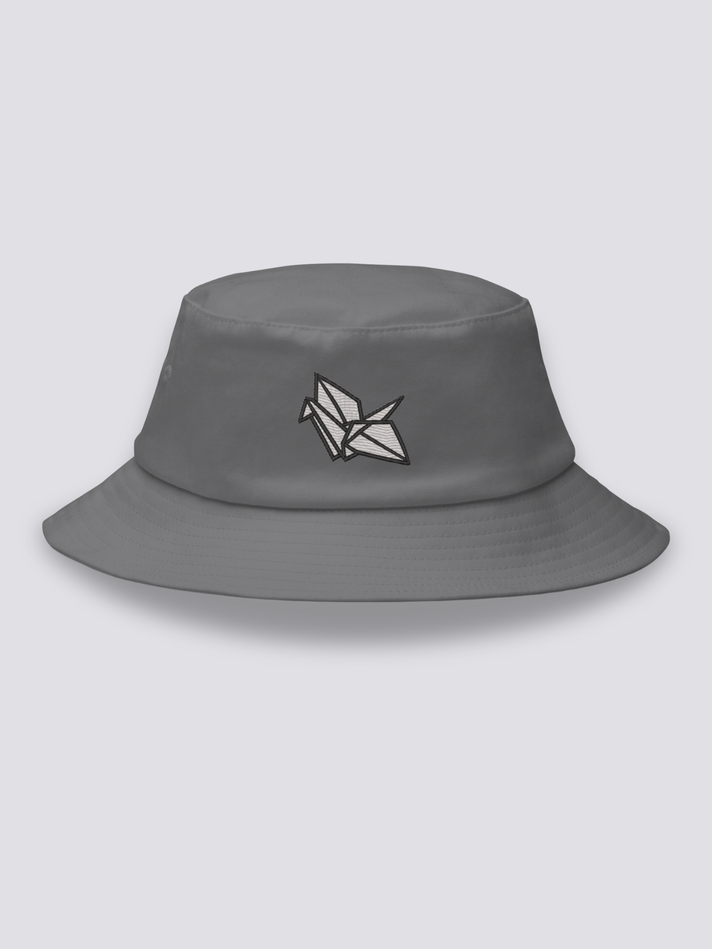 Grey bucket hat with a geometric white origami crane embroidered in fine black fold lines