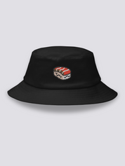 Black bucket hat with a close-up embroidered salmon nigiri showing the marbled orange fish over pressed white rice
