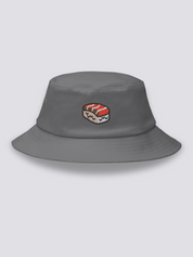Grey bucket hat with a close-up embroidered salmon nigiri showing the marbled orange fish over pressed white rice