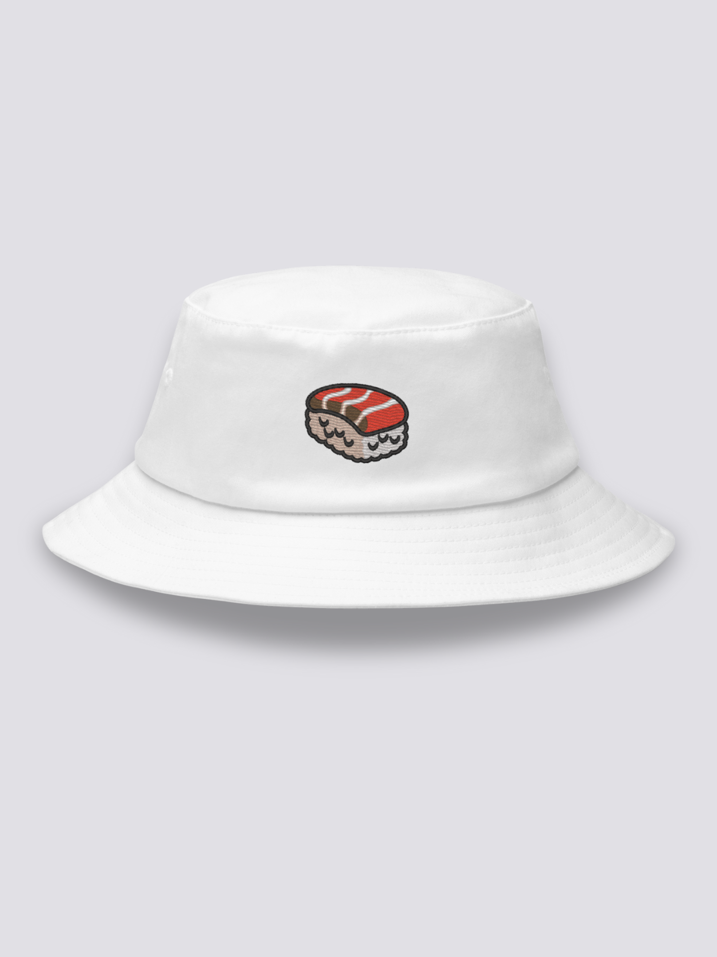 White bucket hat with a close-up embroidered salmon nigiri showing the marbled orange fish over pressed white rice
