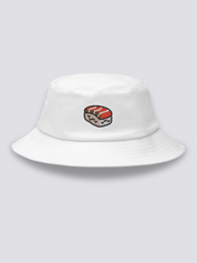 White bucket hat with a close-up embroidered salmon nigiri showing the marbled orange fish over pressed white rice