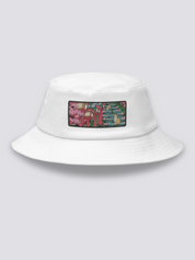 Khaki bucket hat with an embroidered patch of stone shrine steps under cherry blossom with two orange and white cats
