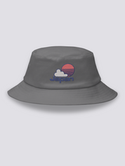 White bucket hat with an embroidered red striped sun behind a white cloud above JAPAN in navy lettering