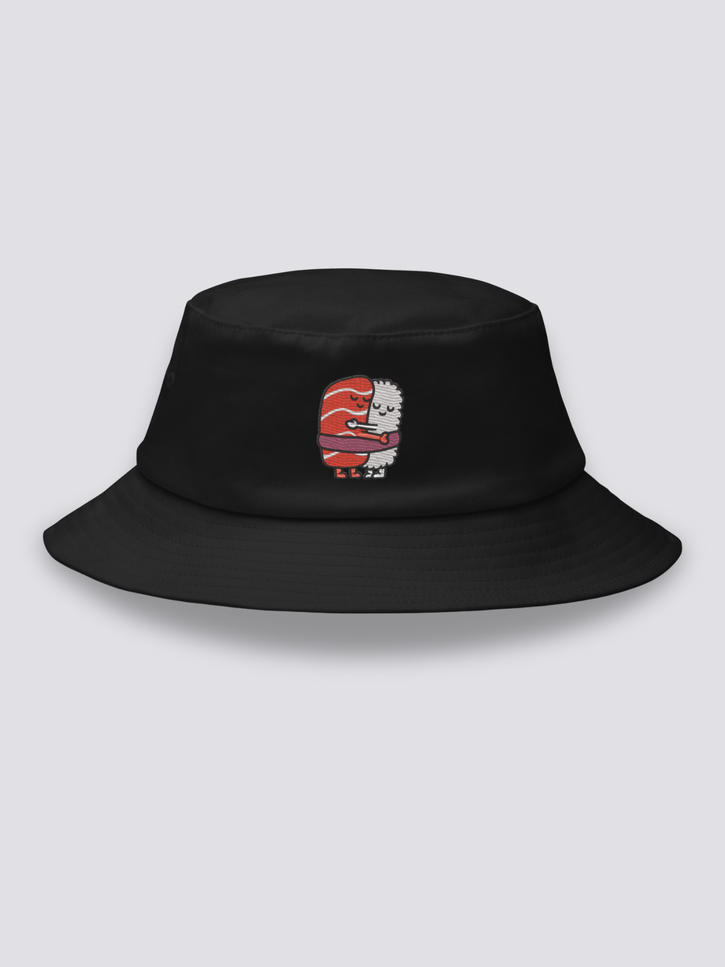 Black bucket hat with two embroidered kawaii sushi characters hugging, a salmon nigiri and a rice ball sharing a blue band