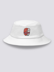 Khaki bucket hat with two embroidered kawaii sushi characters hugging, a salmon nigiri and a rice ball sharing a blue band