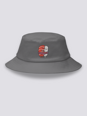 White bucket hat with two embroidered kawaii sushi characters hugging, a salmon nigiri and a rice ball sharing a blue band