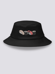 Black bucket hat with four embroidered sushi in a row: salmon nigiri, avocado maki, tuna nigiri and cucumber maki