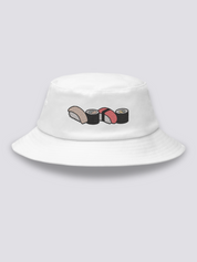 Khaki bucket hat with four embroidered sushi in a row: salmon nigiri, avocado maki, tuna nigiri and cucumber maki