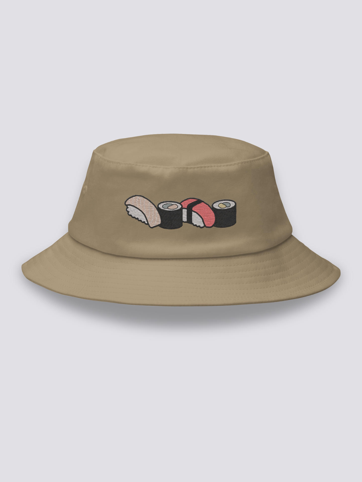 White bucket hat with four embroidered sushi in a row: salmon nigiri, avocado maki, tuna nigiri and cucumber maki