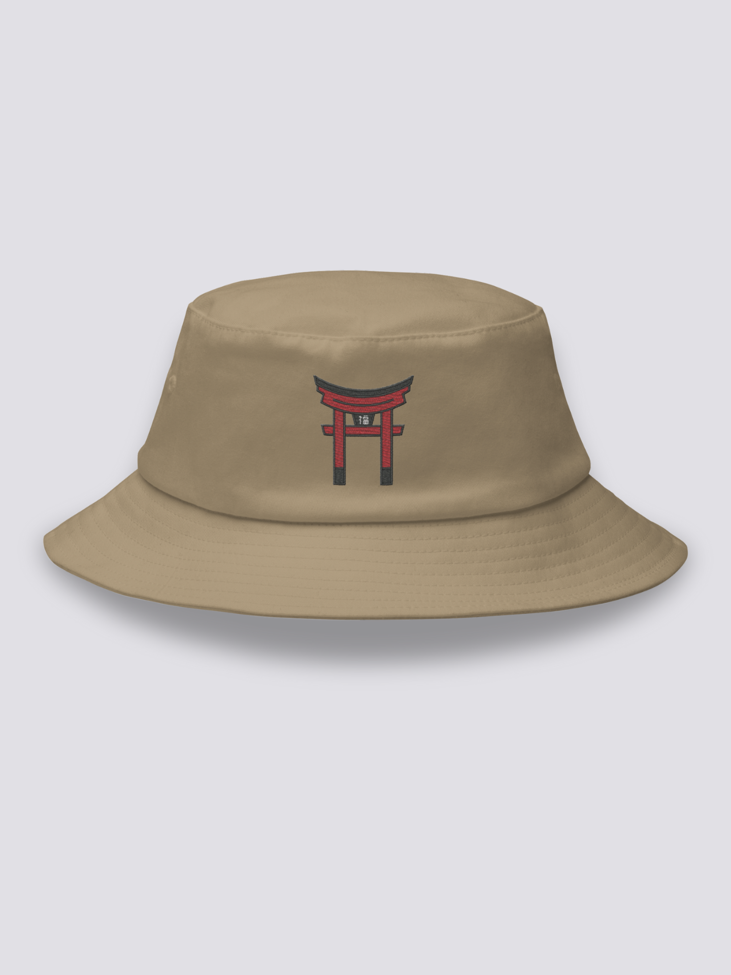 Grey bucket hat with a single vermilion torii gate embroidered in a minimal architectural study