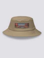 Grey bucket hat with an embroidered patch of an arched taikobashi bridge under red autumn maples