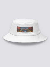 Khaki bucket hat with an embroidered patch of an arched taikobashi bridge under red autumn maples