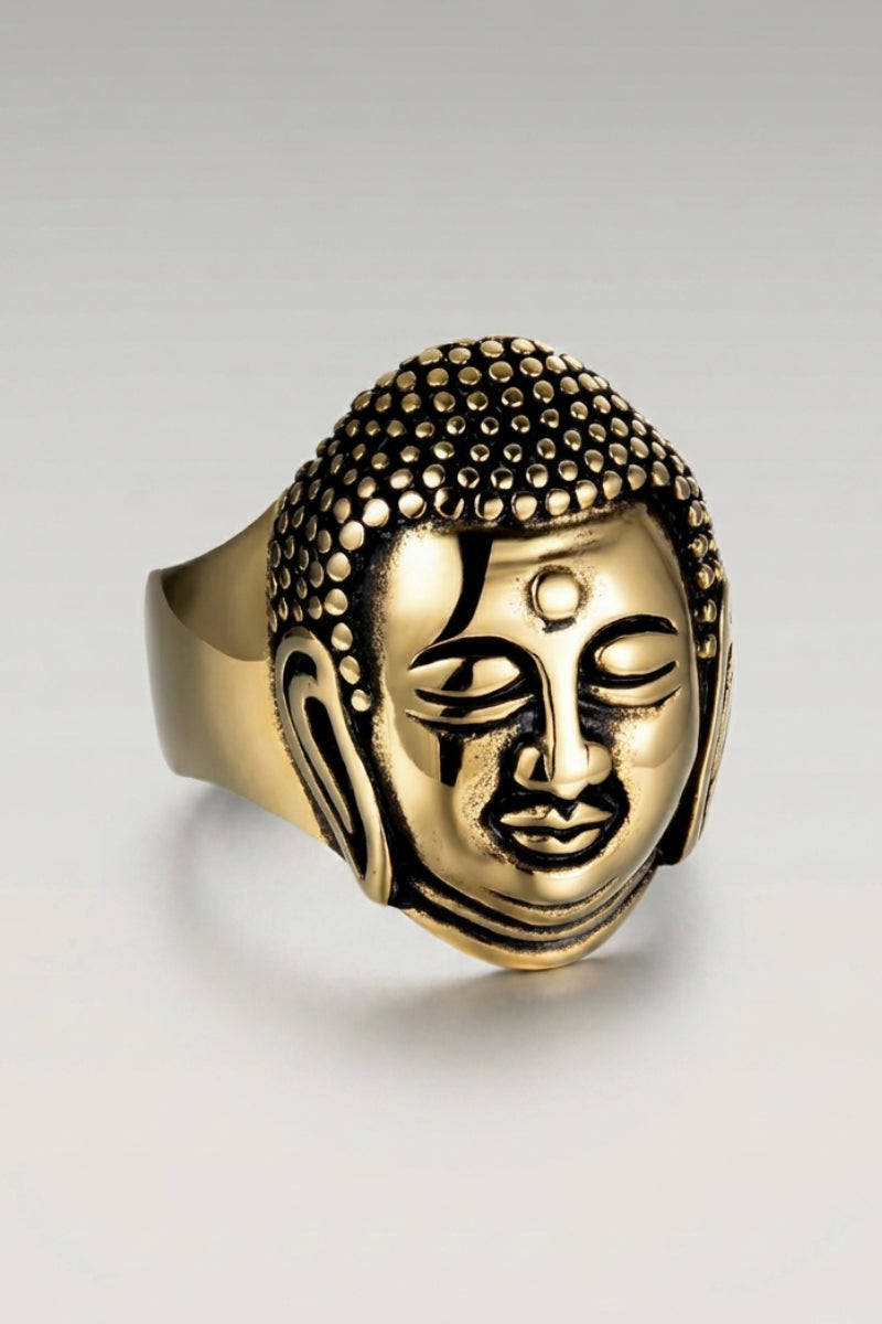 Buddha Ring 'Matokoya' — Japanese silver ring, a sculpted Buddha head, in Gold finish
