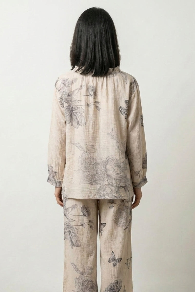 Beige double gauze Japanese pajama set for women, side view with butterfly and peony ink print