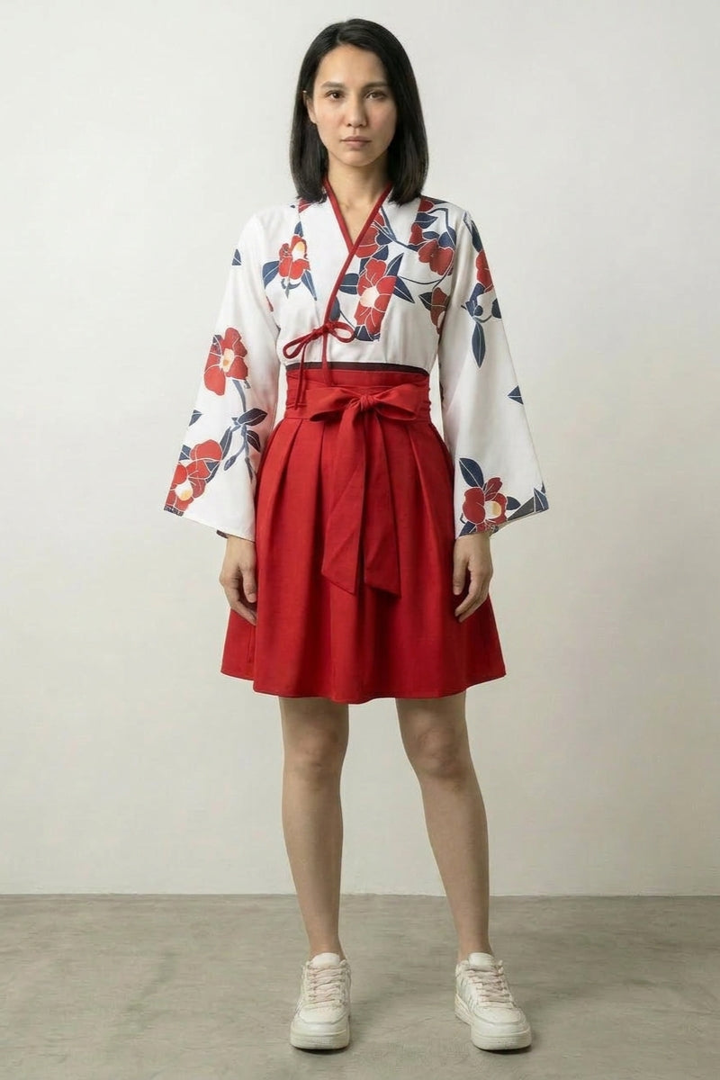 Camellia print Japanese kimono dress two-piece set, second colorway with cream top and red hakama-style skirt