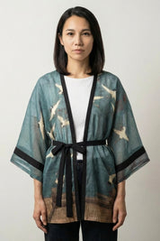 Camellia print Japanese kimono dress set with crossover top, long bell sleeves, red ribbon tie and high-waist pleated skirt
