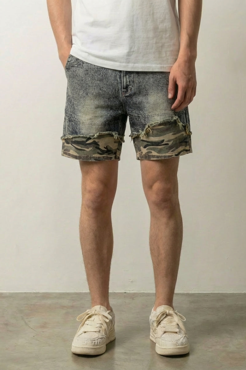 Camo denim shorts — military pattern urban streetwear