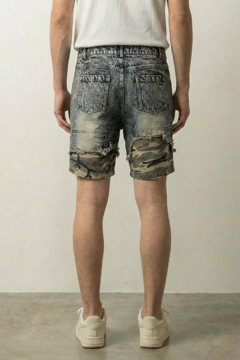 Camouflage denim shorts styled streetwear look