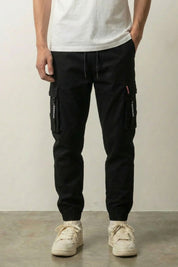 Cargo Pants Gray 'Military Techwear' — cargo jogger with flapped pockets and red detailing, in grey and black