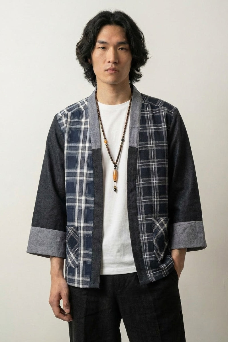 Japanese-style checkered kimono for men