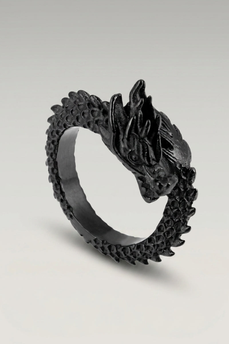 Chinese Dragon Ring 'Huanglong' — Japanese silver ring, a coiling Chinese dragon wrapping the finger, in Black finish