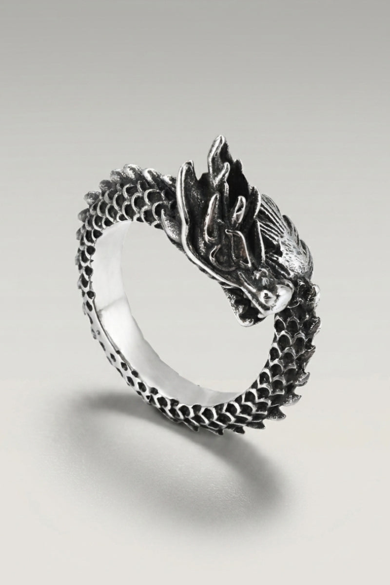 Chinese Dragon Ring 'Huanglong' — Japanese silver ring, a coiling Chinese dragon wrapping the finger, in Silver finish