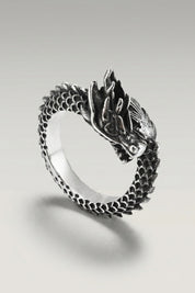 Chinese Dragon Ring 'Huanglong' — Japanese silver ring, a coiling Chinese dragon wrapping the finger, in Silver finish