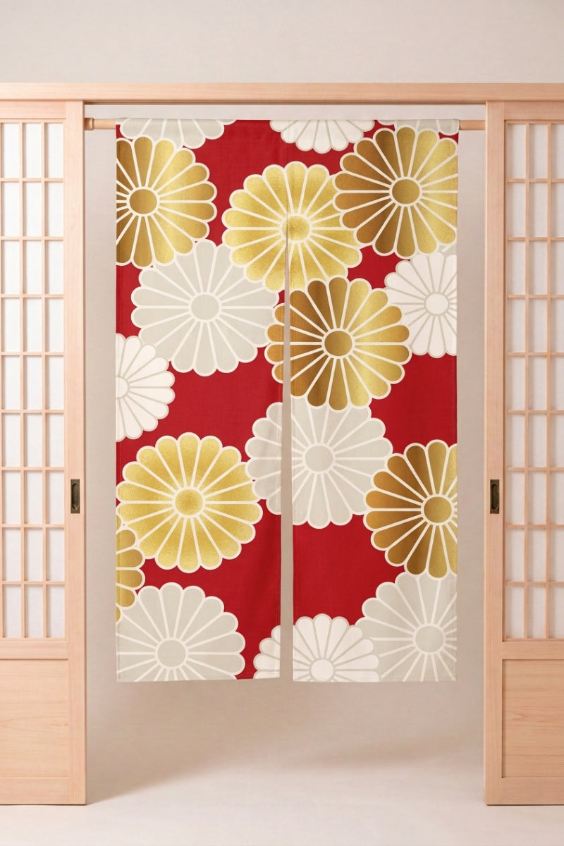 Japanese Noren 'Kansha' — split doorway curtain printed with large cream and gold chrysanthemums on a vivid red ground, traditional Japanese room divider