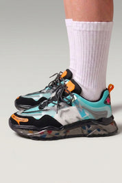 Blue Japanese fashion sneakers 'Hekinan', worn on foot with white socks — Japanese streetwear style