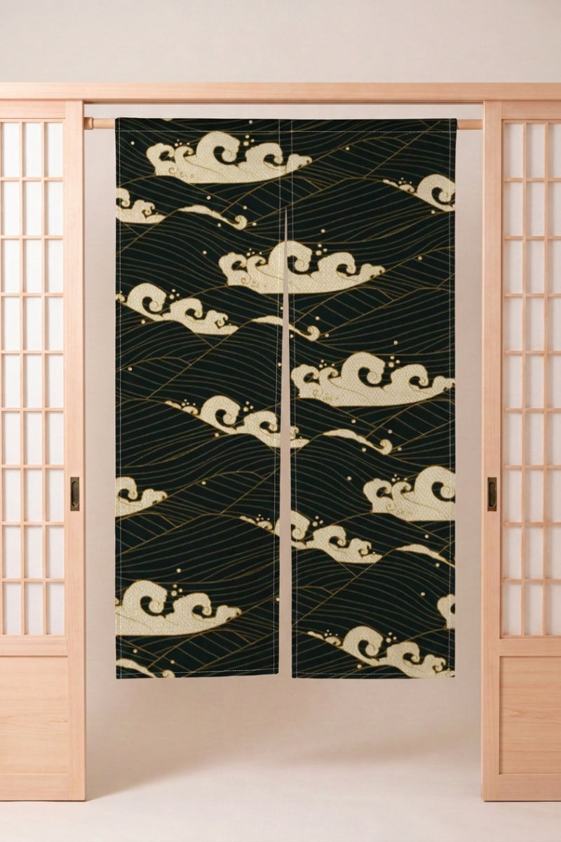 Japanese Noren 'Yoru' — split doorway curtain printed with pale cream clouds and gold-edged crests on a near-black ground, traditional Japanese room divider