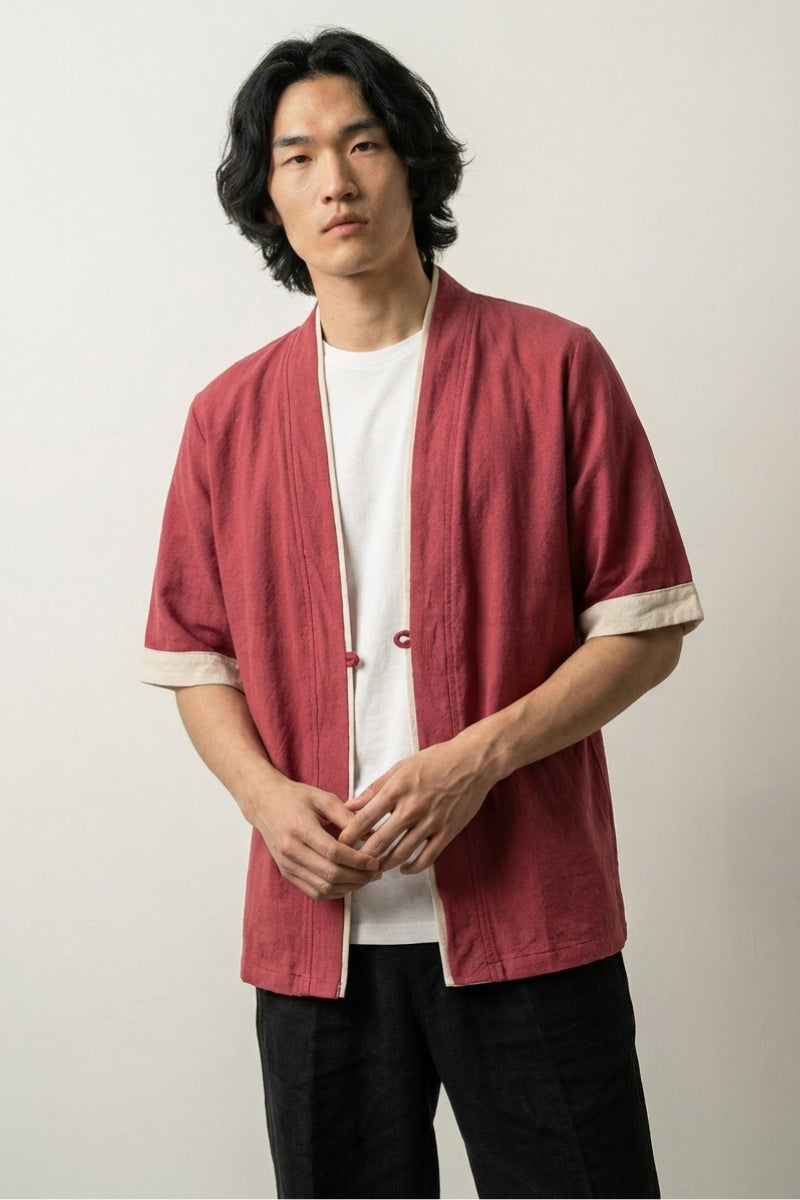 Japanese-style red kimono jacket for men