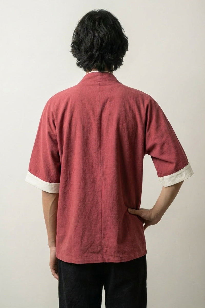 Back view of red kimono jacket for men