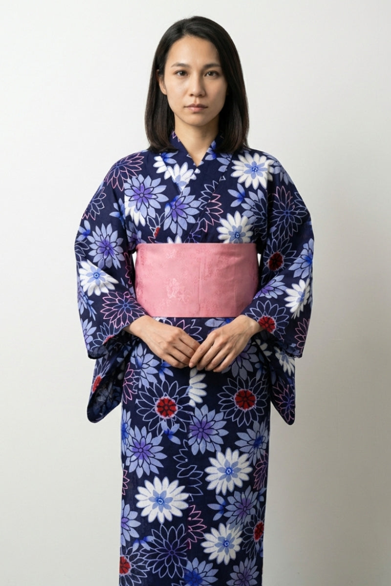 Blue cotton Japanese yukata for women with traditional aoi giku chrysanthemum print and tied obi sash
